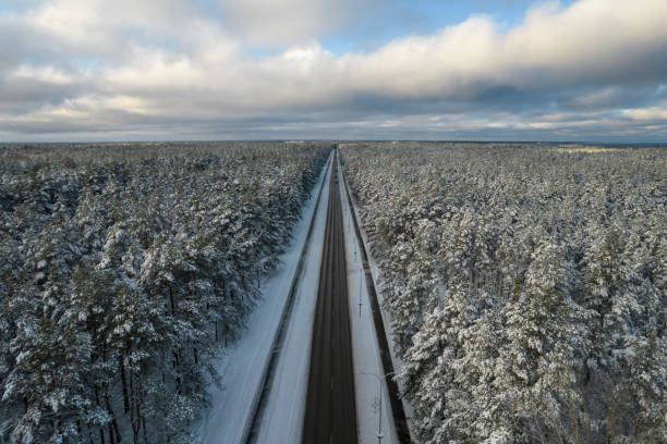 istock Black road and trees with chill snow in mountains 1357303004