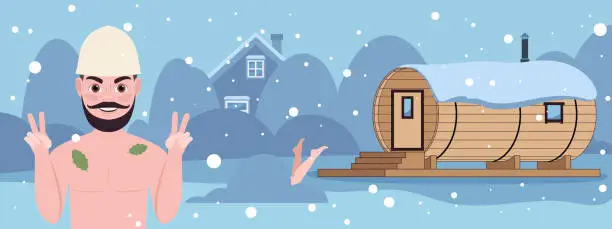 Vector illustration of Banner with wooden barrel sauna. Outdoor banya cabin for SPA
