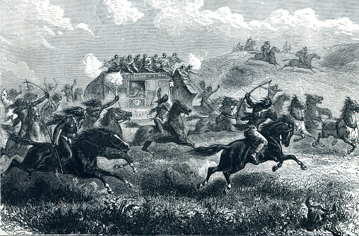 Indians attacking a coach carrying US mail across prairies in 1860's. From American Pictures Drawn With Pen And Pencil by Rev Samuel Manning circa 1880