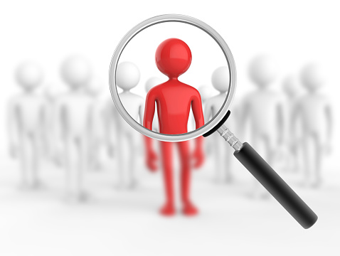 Magnifying glass view of Red cartoon man stand in front of grey cartoon men - 3D Illustration - Finding unique man stand out
