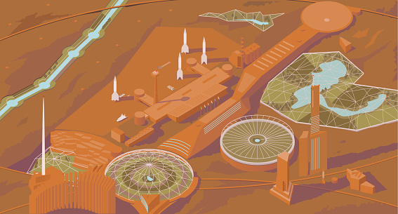 Detailed illustration of a futuristic city on the planet Mars, complete with spaceport and rocket ships, farms and green areas covered with protective domes, buildings and architecture made of red martian material, and an overall reddish and dusty atmosphere. Illustration presented in isometric view.