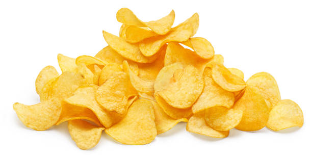 istock Pile of tasty potato chips on white 1357309059