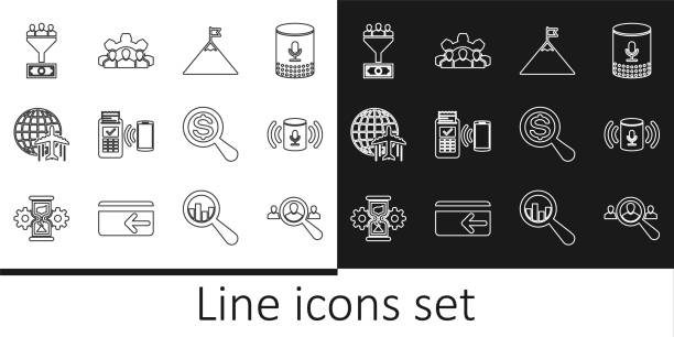 ilustrações de stock, clip art, desenhos animados e ícones de set line magnifying glass for search people, voice assistant, mountains and flag, pos terminal, globe with flying plane, lead management, dollar and project team base icon. vector - social housing audio