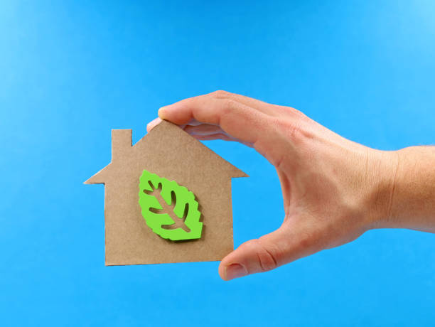 istock Hand holding a cardboard house with green leaf inside on blue background, concept image of energy-efficient and environmentally conscious building for a clean environment 1357309951
