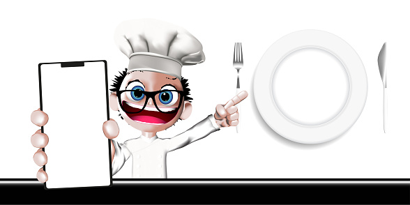 i like the kitchen. Smiling chef with thumbs up gesture and empty plate background next to a knife and fork, and mobile for logo or text