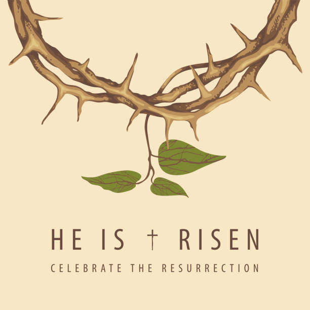 Easter banner with crown of thorns and twig Easter banner with a crown of thorns and a young twig on a beige background. Religious vector illustration with the words He is risen, Celebrate the Resurrection. Catholic and Christian symbol resurrection sunday stock illustrations