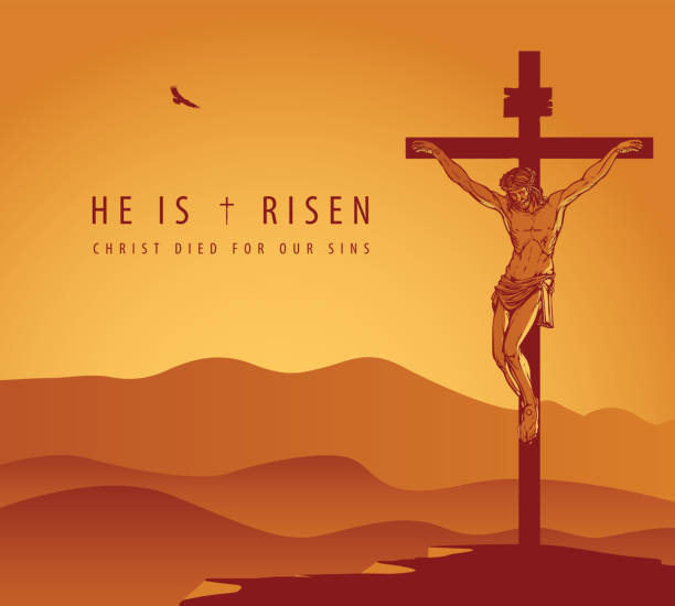 Easter banner with jesus christ crucified on cross Religious vector illustration with crucified Jesus Christ on the background of mountains and sky at sunset. Easter banner or greeting card with the words He is risen, Christ died for our sins what mountain was jesus crucified on stock illustrations