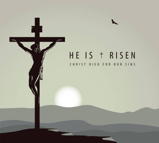 Easter banner with jesus christ crucified on cross Easter banner or greeting card with the words He is risen, Christ died for our sins. Religious vector illustration with crucified Jesus Christ on the background of mountains and sky at sunset what mountain was jesus crucified on stock illustrations