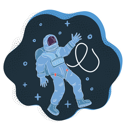 Cartoon vector illustration of astronaut in a spacesuit hovers in zero gravity on dark backround.