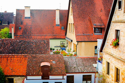 The fairy tale town of Rothenburg in Bavaria, Germany overlooks the buildings and streets in the city