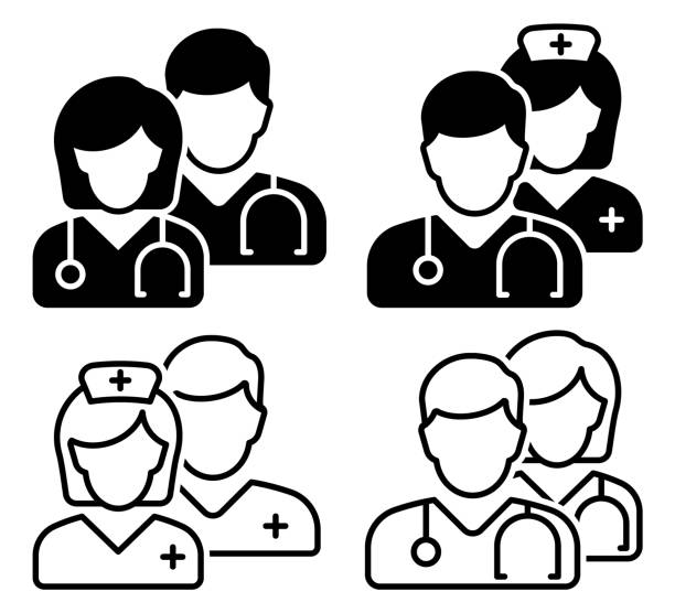 ilustraciones, imágenes clip art, dibujos animados e iconos de stock de icono del equipo médico. icono lineal simple para un grupo de médicos. ilustración vectorial. - nurse