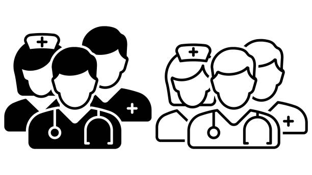 illustrazioni stock, clip art, cartoni animati e icone di tendenza di icona del team medico. semplice icona lineare per un gruppo di medici. illustrazione vettoriale. - version 3 immagine