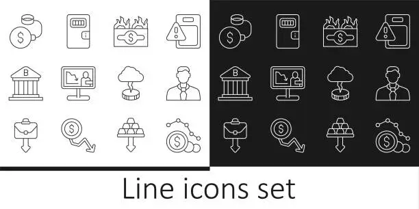 Vector illustration of Set line Dollar rate decrease, Worker, Burning dollar bill, Global economic crisis news, Bank building, Debt ball chained to coin, Storm and Prison cell door icon. Vector