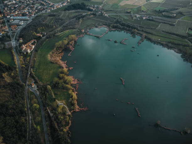 view on the lake from the drone stock photo