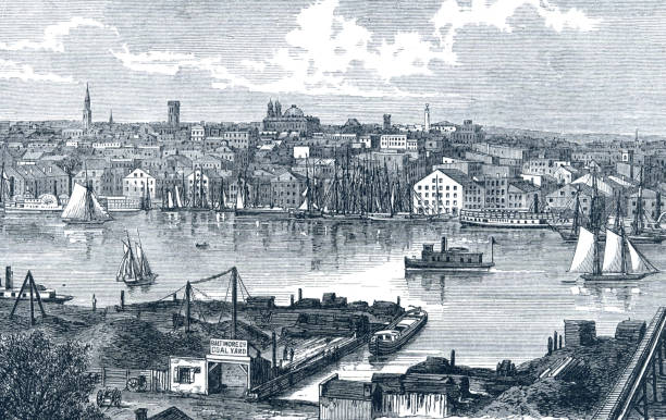 Baltimore in 19th Century the Industrial revolution was at the heart of Baltimore becoming a center for commerce, business and industry.  Baltimore became an important business in the 19th century. Ores, coal, wheat, cotton and of course, in the midst of it all, the humble oyster became king. Baltimore was “oyster town” with its hundred packing-houses lining the waterfront. Shipbuilding, shipping companies, then railroads each had and have a continuing role in making Baltimore an important center for commerce. baltimore maryland stock illustrations