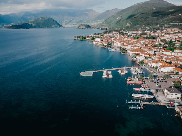 beautifull view on the iseo lake from a drone stock photo
