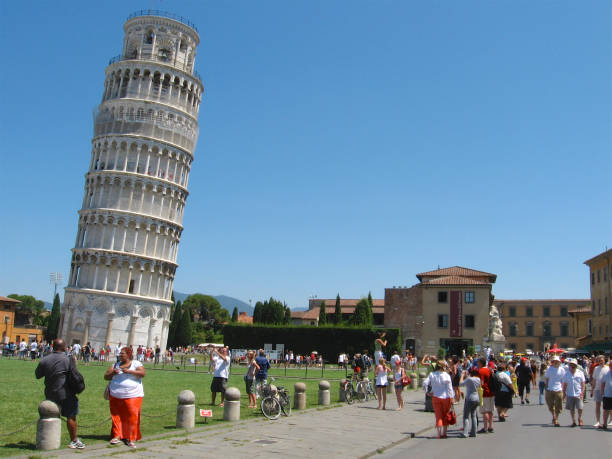 Leaning Tower of Pisa with tourists stock photo
