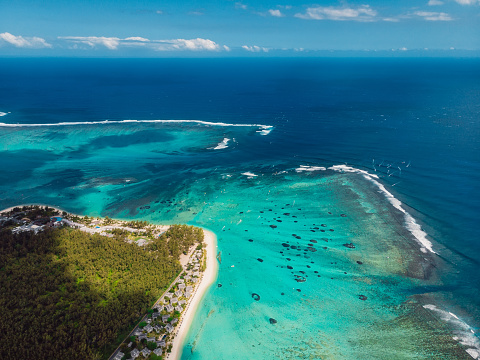 Coastline of Tropical Mauritius with ocean. Aerial view