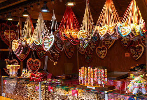 Berlin, Germany - December 28, 2019: Traditional Gingerbread Hearts at German Christmas Market, Berlin, Germany.