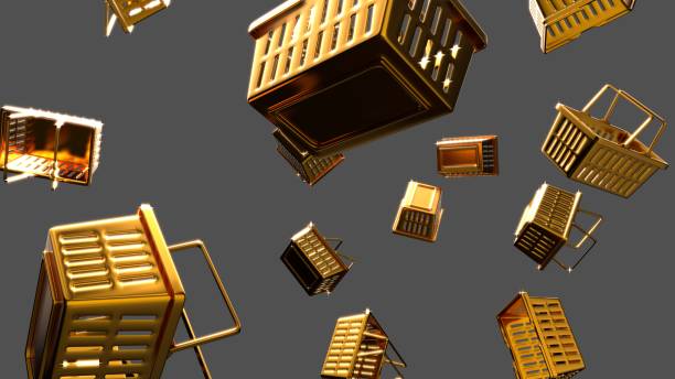 istock Shining gold shopping baskets on gray background. 1357322255