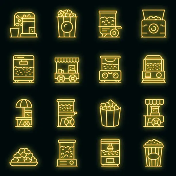Vector illustration of Popcorn maker machine icons set vector neon