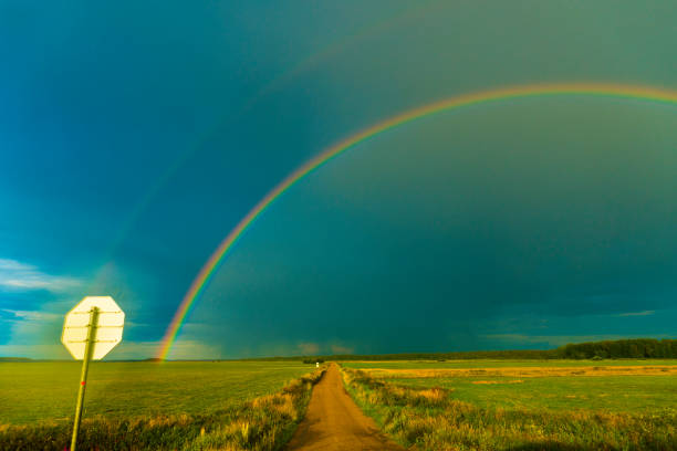 istock Rainbow over field with country road 1357323558