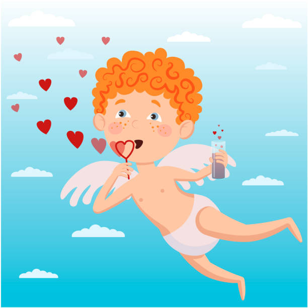 vektorengel schwebt am himmel und bläst blasen in form eines herzens. - angel cherub heart shape smiling stock-grafiken, -clipart, -cartoons und -symbole