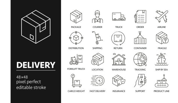 illustrations, cliparts, dessins animés et icônes de icônes de dessin vectoriel de livraison sur une grille de 48px avec une largeur de trait de 1px. infographies, mobile et web etc. - distribution warehouse illustrations