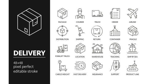 Delivery Vector Drawing Icons on 48px grid with 1px stroke width. Infographics, mobile and web etc. Delivery Vector Drawing Icons on 48px grid with 1px stroke width. Infographics, mobile and web etc. distribution warehouse stock illustrations