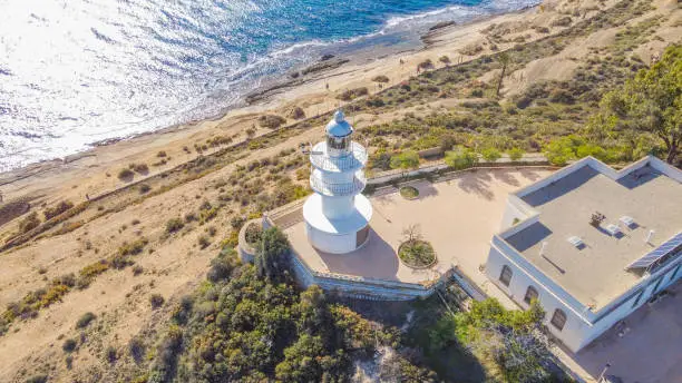 Photo of Lighthouse of Cabo de las Huertas in Alicante, aerial view on a bright day.
