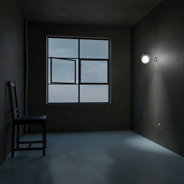 istock 3d render, 3d illustration. Empty room or office with wood chair. 1357329185
