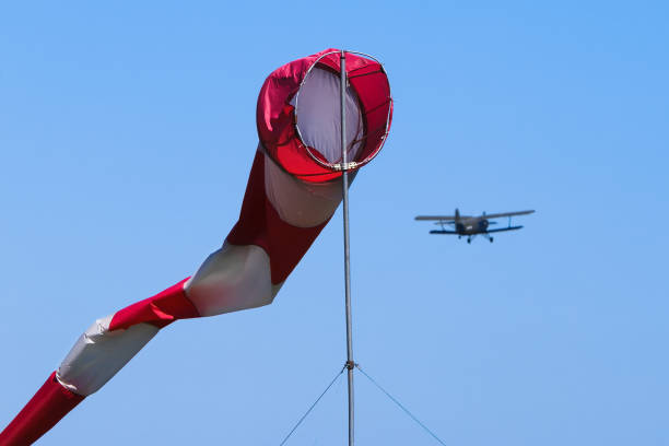 Cone windsock at the airfield with an airplane