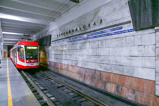 Volgograd, Russia - May 26, 2021: Metrotram, or underground tram on Komsomolskaya. Forbes magazine included the Volgograd metro tram in the list of the most interesting tram routes on the planet.