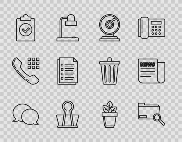 stockillustraties, clipart, cartoons en iconen met set line speech bubble chat, search concept with folder, web camera, binder clip, completed task, file document, flowers pot and news icon. vector - direct klaar camera