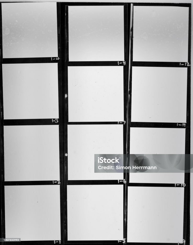 real flat bed scan of black and white hand copy contact sheet with 12 empty film frames 120mm film photo placeholder, 6x6 aspect ratio. Contact Sheet Stock Photo