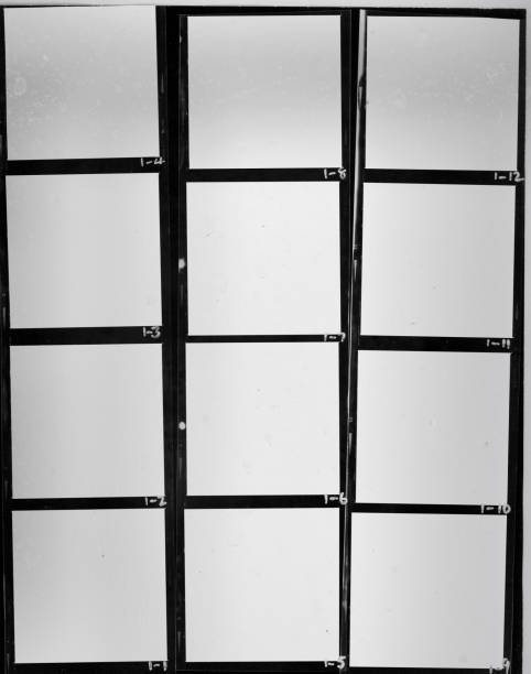 real flat bed scan of black and white hand copy contact sheet with 12 empty film frames - color intensity fotos imagens e fotografias de stock