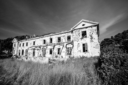 Abandoned former hotel near Dubrovnik in Croatia, left during Jugoslavian war 1991