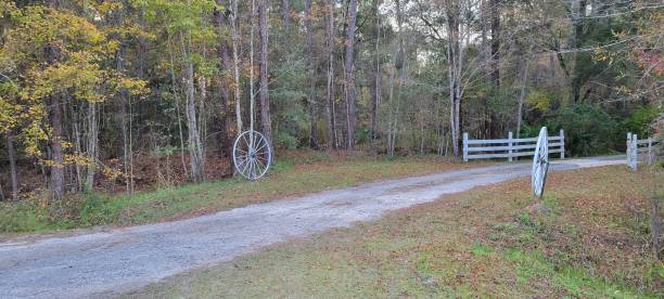 Autumn landscape photo featuring Florida countryside driveway entrance wagon wheel and wooden fence Beautiful North Florida driveway entrance with dirt road at the front along with white antique wagon wheels and white wooden fence wagon wheel bench stock pictures, royalty-free photos & images