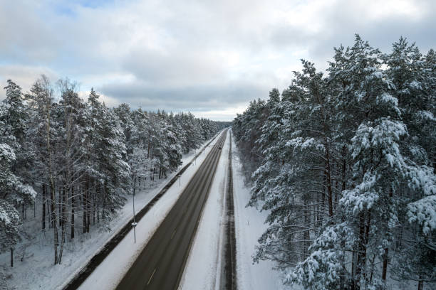 istock Black road and trees with chill snow in mountains 1357338050