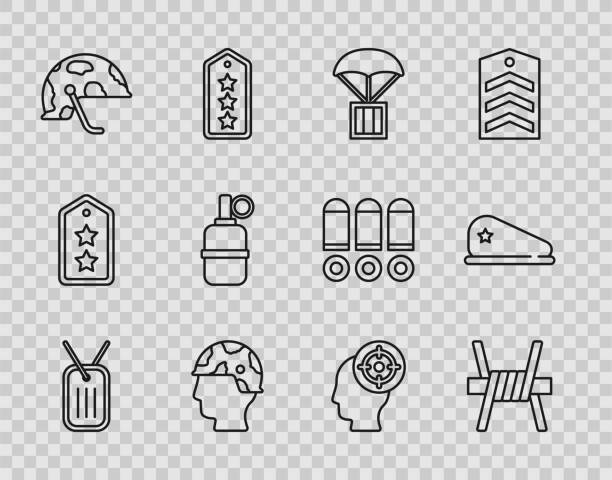 Set line Military dog tag, Barbed wire, Airdrop box, Army soldier, helmet, Hand grenade, Target sport and beret icon. Vector Set line Military dog tag Barbed wire Airdrop box Army soldier helmet Hand grenade Target sport and beret icon. Vector. combat infantry badge stock illustrations