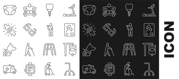 Set line Walking stick cane, IV bag, X-ray shots, Dental implant, Eyeglasses, Joint pain, knee pain, Adult diaper and Human broken arm icon. Vector Set line Walking stick cane IV bag X-ray shots Dental implant Eyeglasses Joint pain knee pain Adult diaper and Human broken arm icon. Vector. dental and vision care stock illustrations