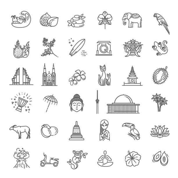 Indonesia icons set. Attractions, line design. Tourism in Indonesia, isolated vector illustration. Traditional symbols Outline black icons set in thin modern design style, flat line stroke vector symbols - Indonesia collection buddha icon stock illustrations