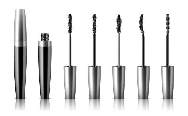 Mascara tube and wand applicators set. Cosmetic bottle with eyelash brush. Makeup cosmetics vector art illustration