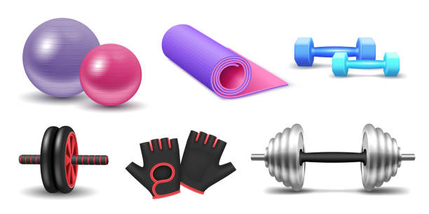 Realistic equipment for fitness weight lifting exercises: yoga mat, fit ball, barbell and dumbbell vector art illustration