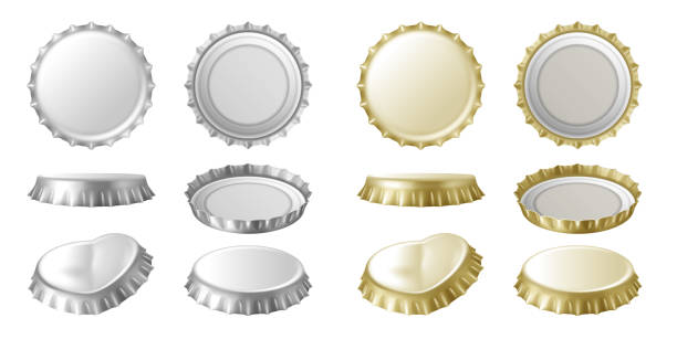 Realistic beer or lemonade bottle cap, metallic lid for glassware bottle of drink Realistic beer or lemonade bottle cap, metallic lid for glassware bottle of drink. Set of top and bottom, side view on container cover with dent. Beverage and drinking concept. 3d vector illustration bottle cap stock illustrations