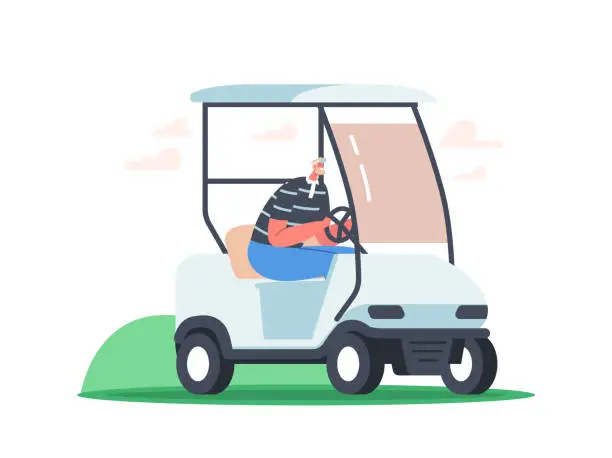 Vector illustration of Happy Senior Smiling Man a Driving Golf Cart Across Green Isolated on White Background. Golf Player Character Sport