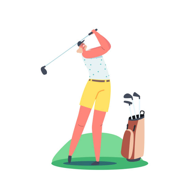 illustrations, cliparts, dessins animés et icônes de entraînement de golfeuse avant la compétition, style de vie sportif. un personnage féminin frappe longtemps en s’entraînant sur un terrain de golf - golf golf course swinging isolated