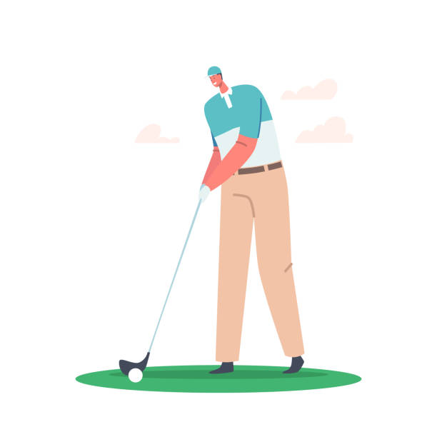 illustrations, cliparts, dessins animés et icônes de loisirs d’été, entraînement sportif ou compétition. un jeune homme souriant en uniforme de sport frappe une balle avec un club de golf sur le parcours - golf golf course swinging isolated