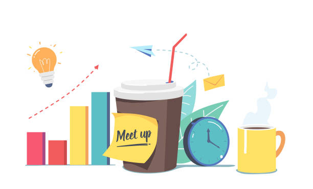 illustrations, cliparts, dessins animés et icônes de meetup, pause-café pour les employés de l’entreprise concept avec tasse à café jetable, horloge, tasse à thé et ampoule avec tableau - meetup