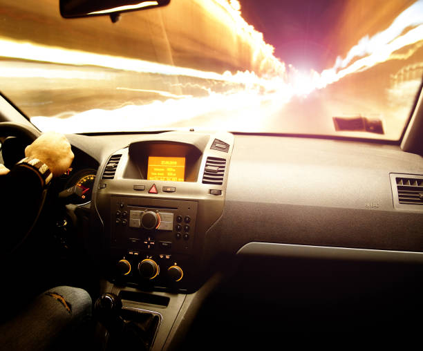 istock Fast speed night car driving on the light traffic. Interior 135733990